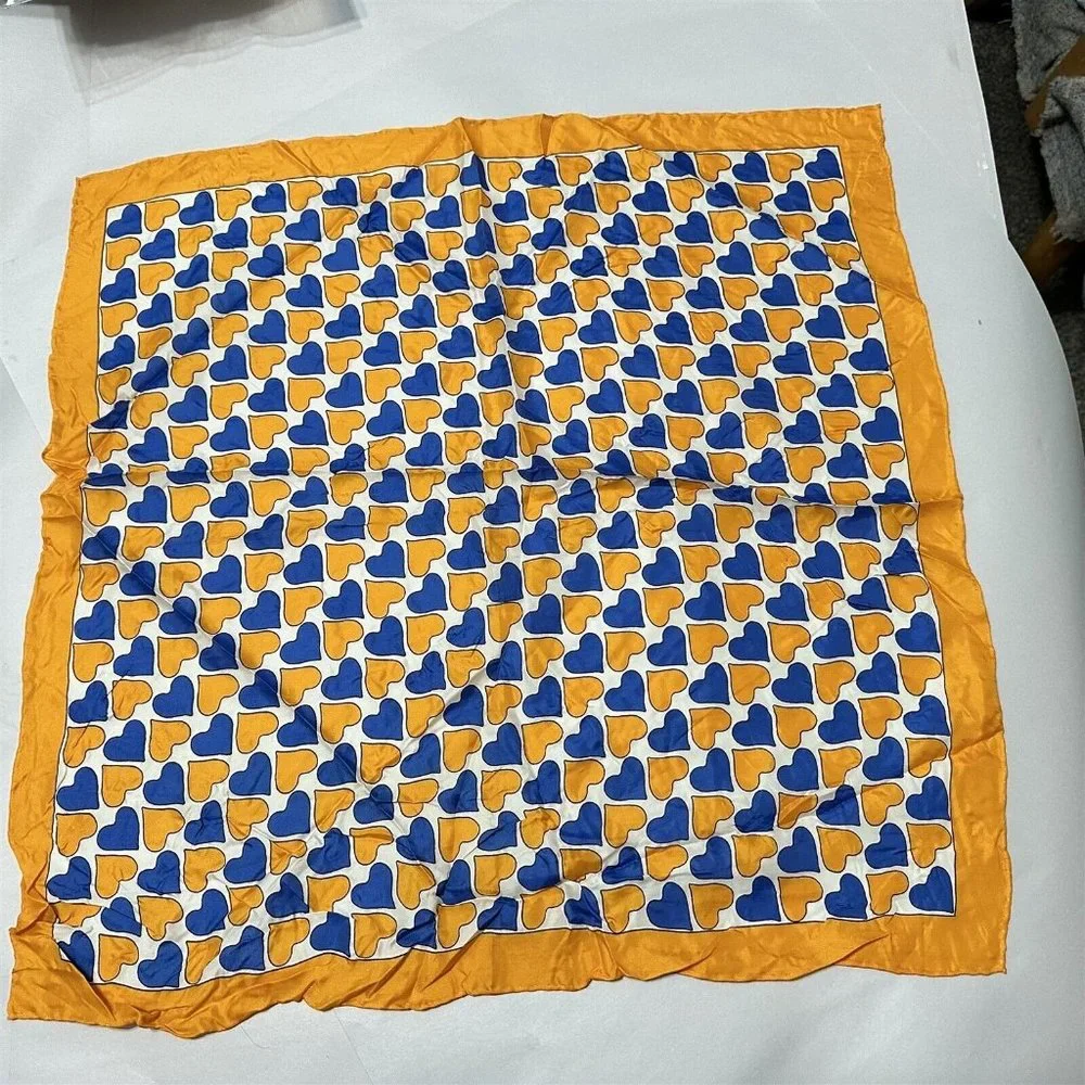 Vintage Glentex Scarf Heart Geometric Pattern Blue Orange Silk Blend Japan 22